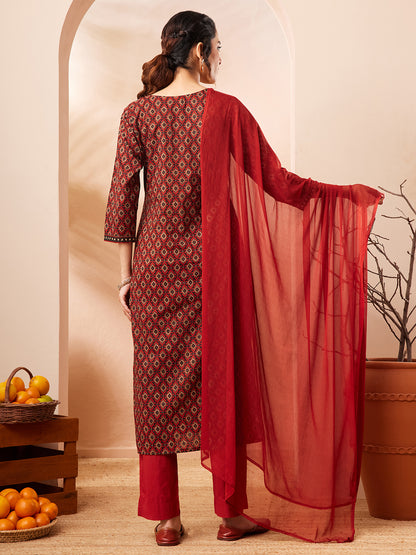 Janasya Rust Straight Cotton Kurta,Bottom & Dupatta - Dista