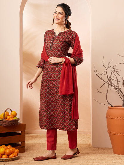 Janasya Rust Straight Cotton Kurta,Bottom & Dupatta - Dista