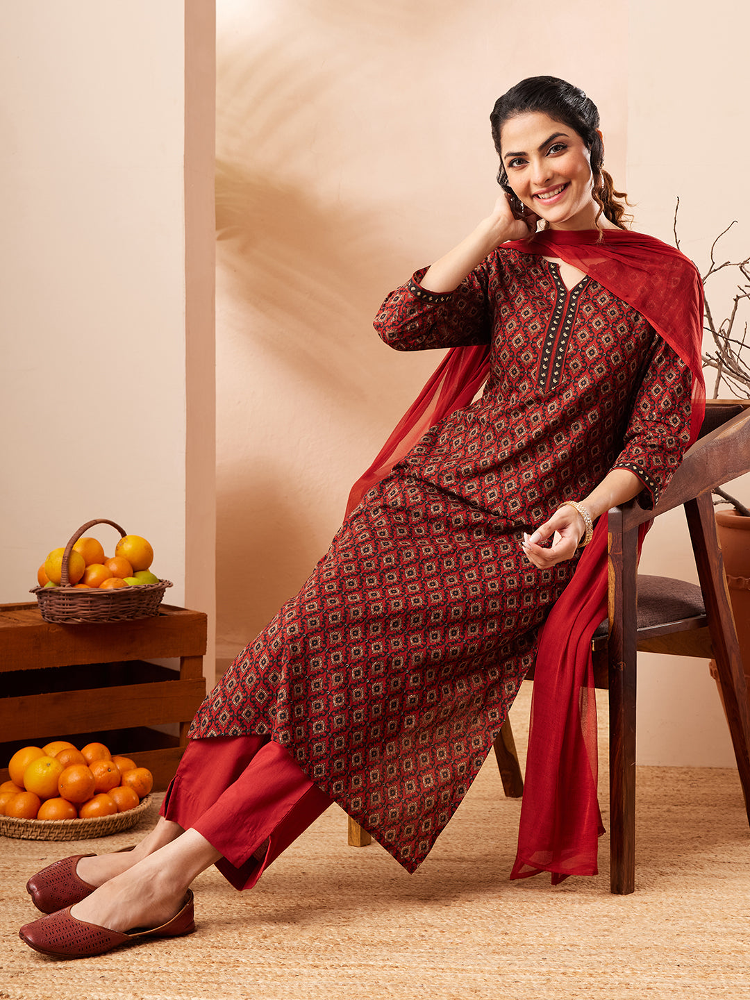Janasya Rust Straight Cotton Kurta,Bottom & Dupatta - Dista