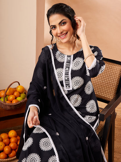 Janasya Black Straight Cotton Kurta,Bottom & Dupatta - Dista
