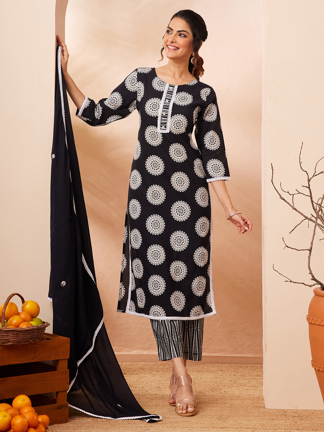 Janasya Black Straight Cotton Kurta,Bottom & Dupatta - Dista