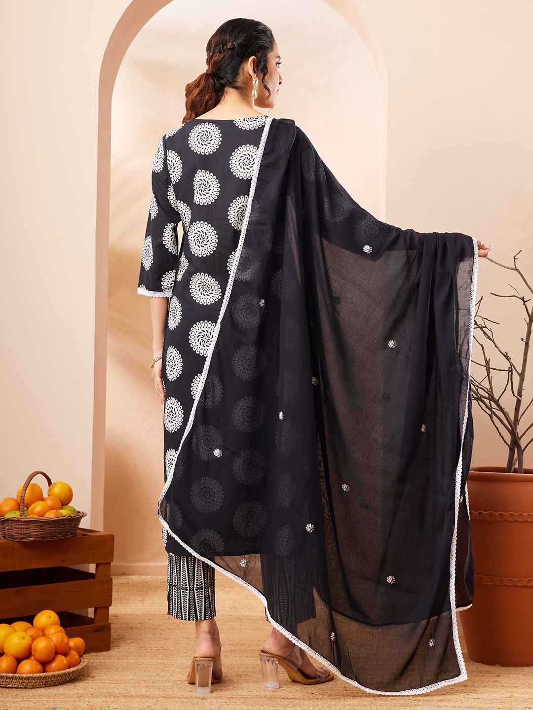 Janasya Black Straight Cotton Kurta,Bottom & Dupatta - Dista