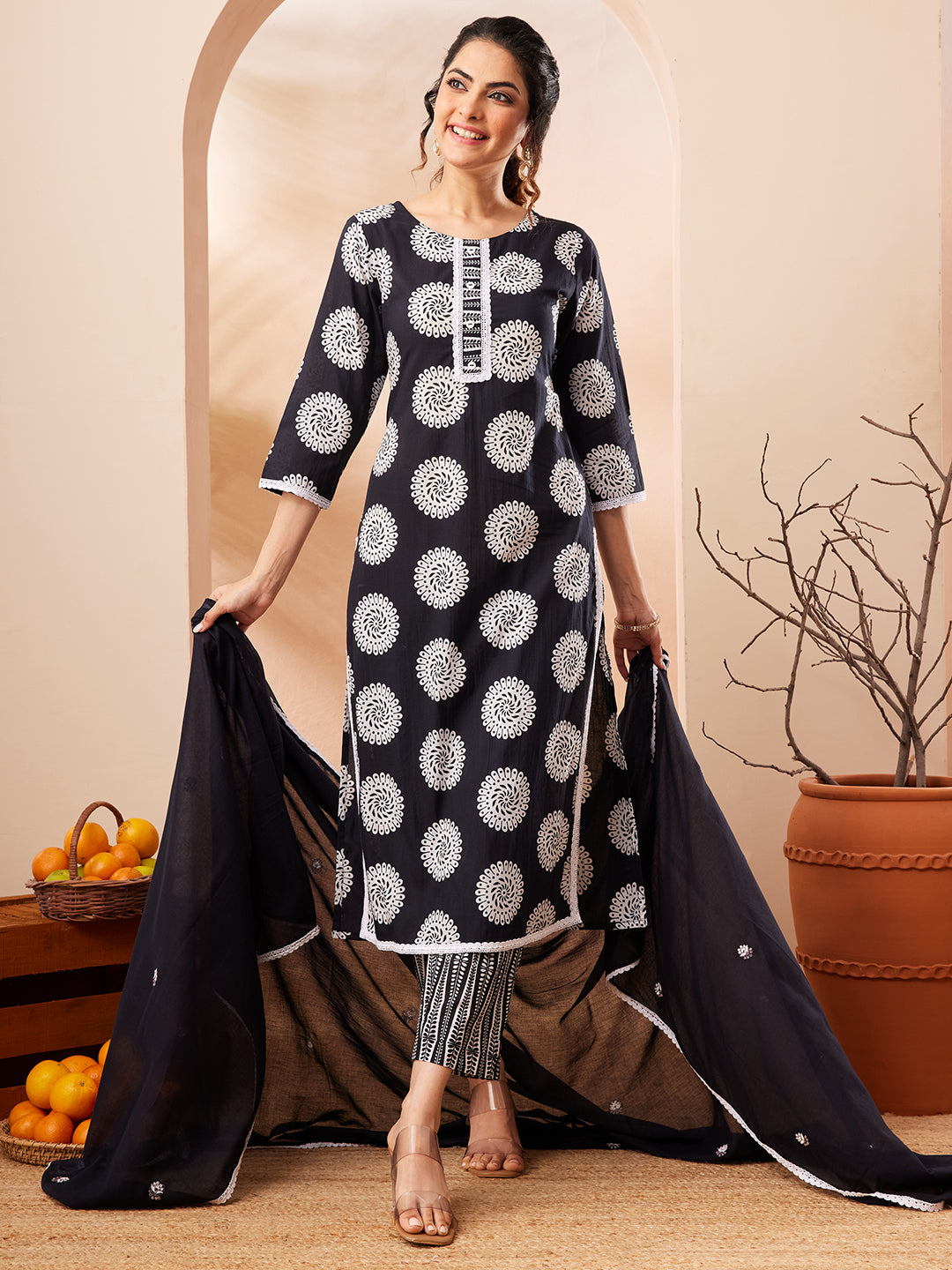 Janasya Black Straight Cotton Kurta,Bottom & Dupatta - Dista