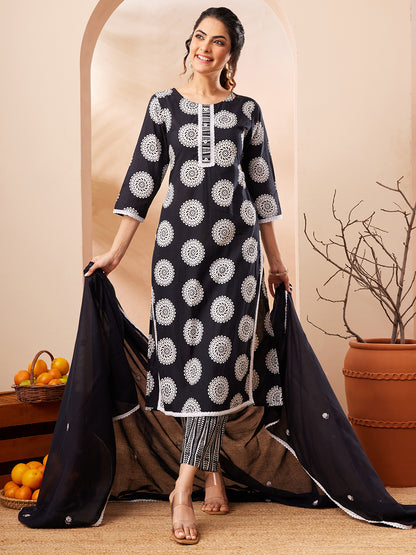 Janasya Black Straight Cotton Kurta,Bottom & Dupatta - Dista