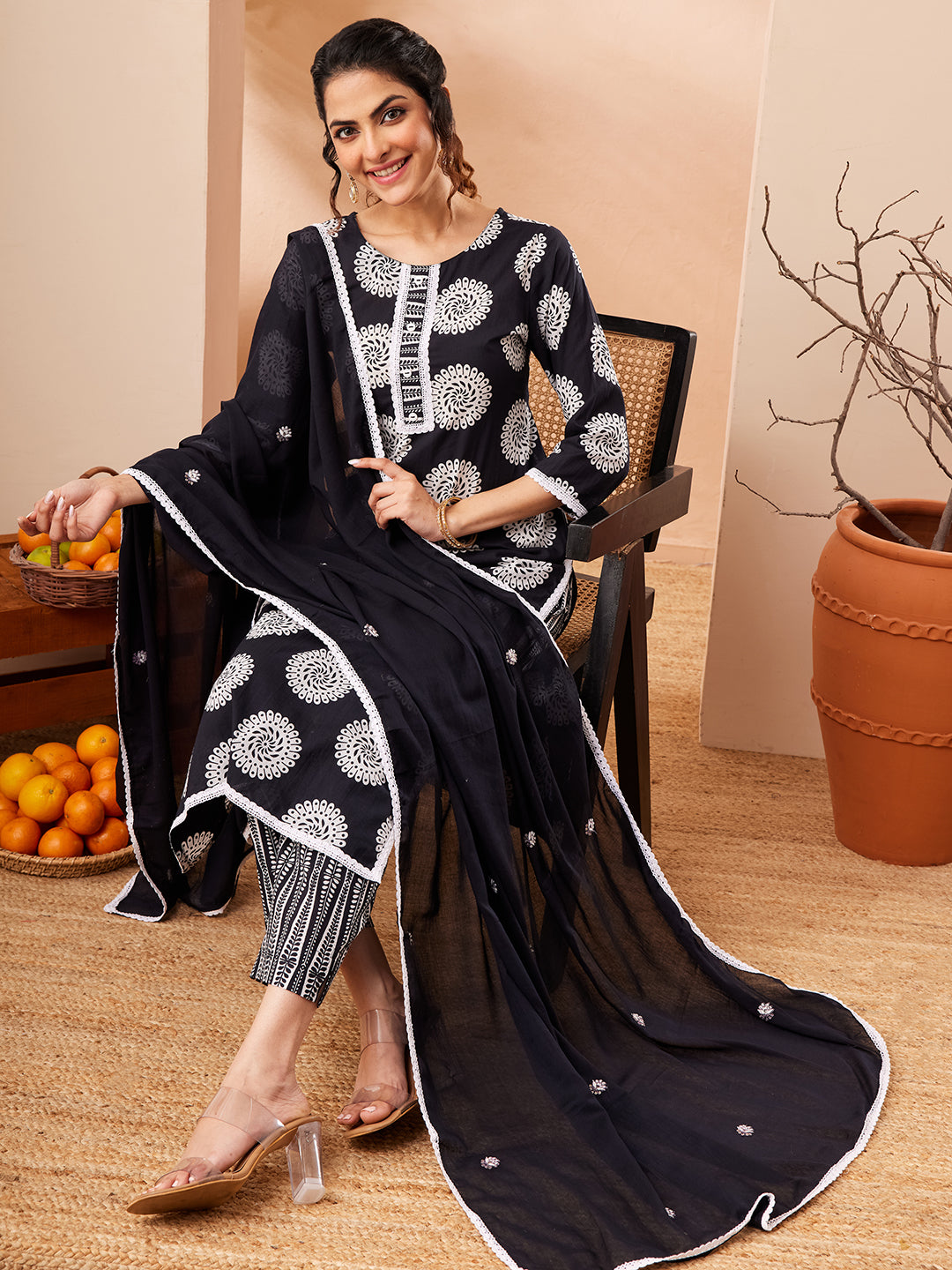 Janasya Black Straight Cotton Kurta,Bottom & Dupatta - Dista