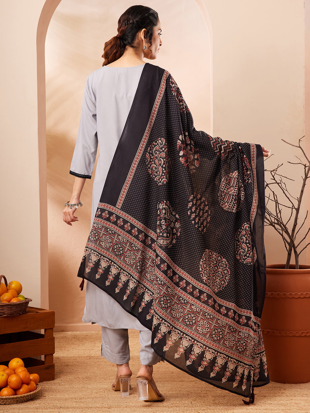 Janasya Grey Straight Rayon Kurta,Bottom & Dupatta - Dista