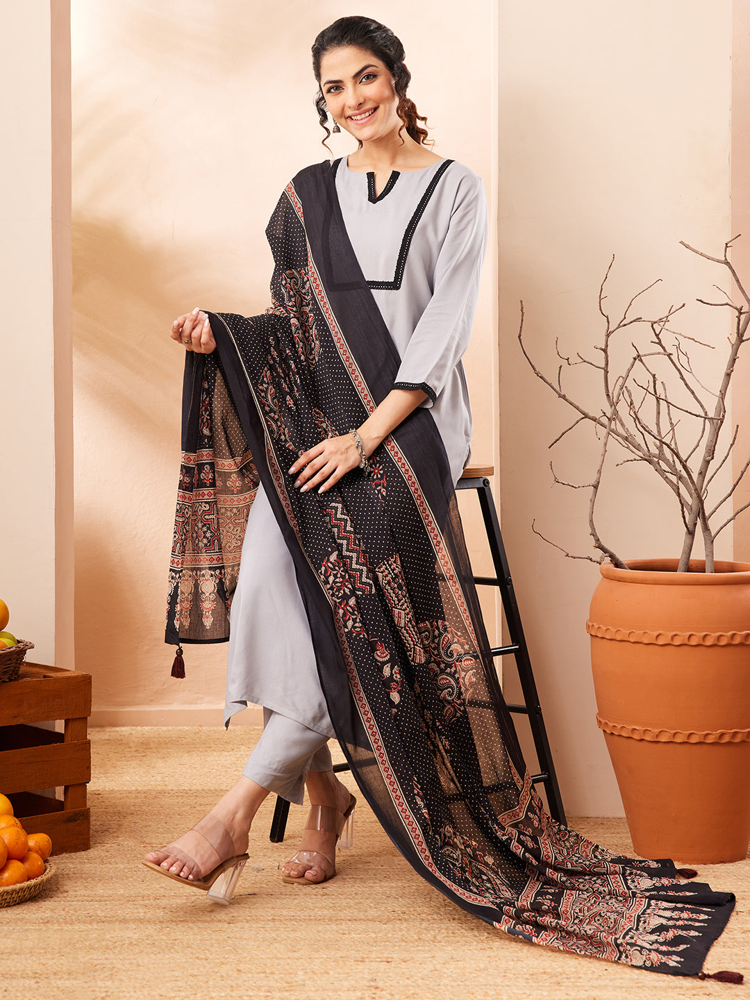 Janasya Grey Straight Rayon Kurta,Bottom & Dupatta - Dista