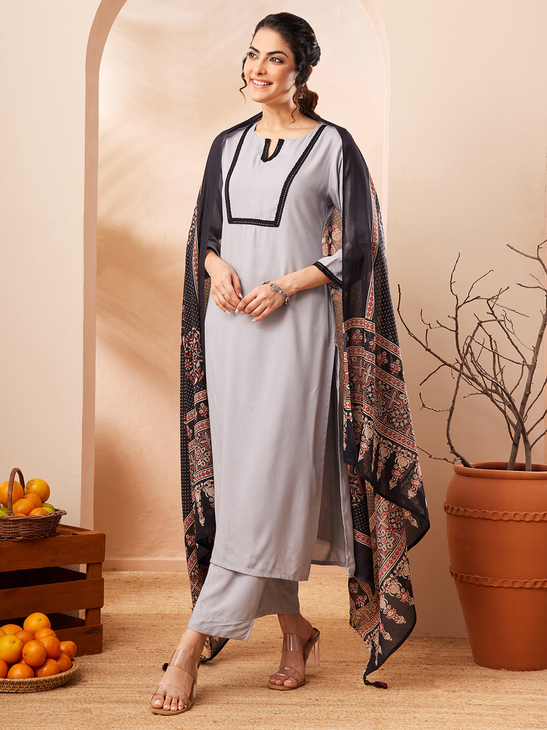 Janasya Grey Straight Rayon Kurta,Bottom & Dupatta - Dista