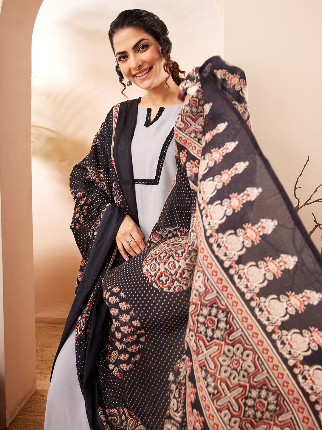 Janasya Grey Straight Rayon Kurta,Bottom & Dupatta - Dista
