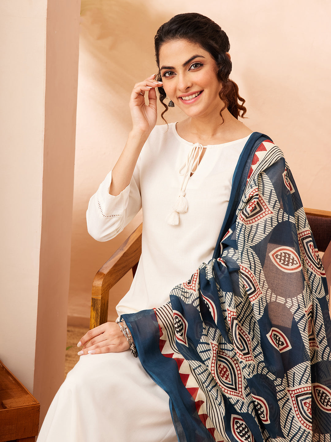 Janasya Off White Straight Rayon Kurta,Bottom & Dupatta - Dista
