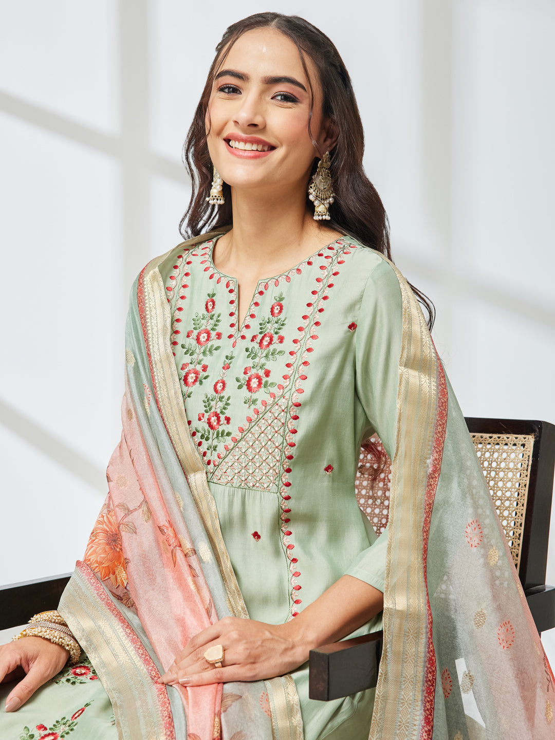 Janasya Mint Straight Silk Blend Kurta,Bottom & Dupatta - Dista