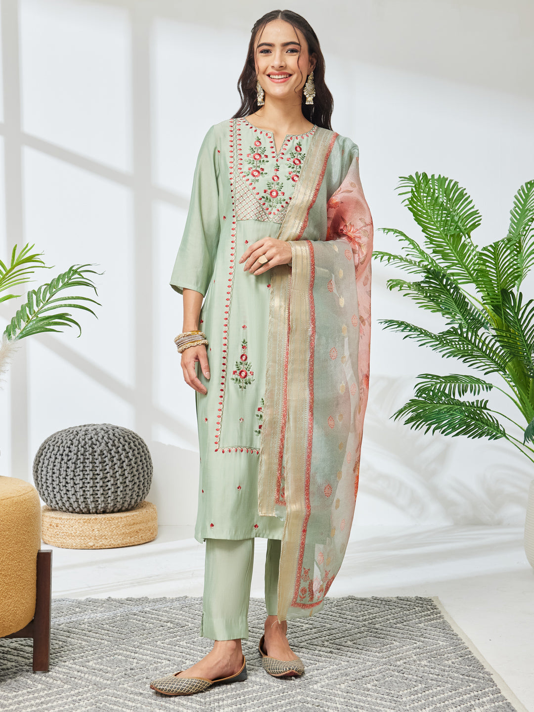 Janasya Mint Straight Silk Blend Kurta,Bottom & Dupatta - Dista