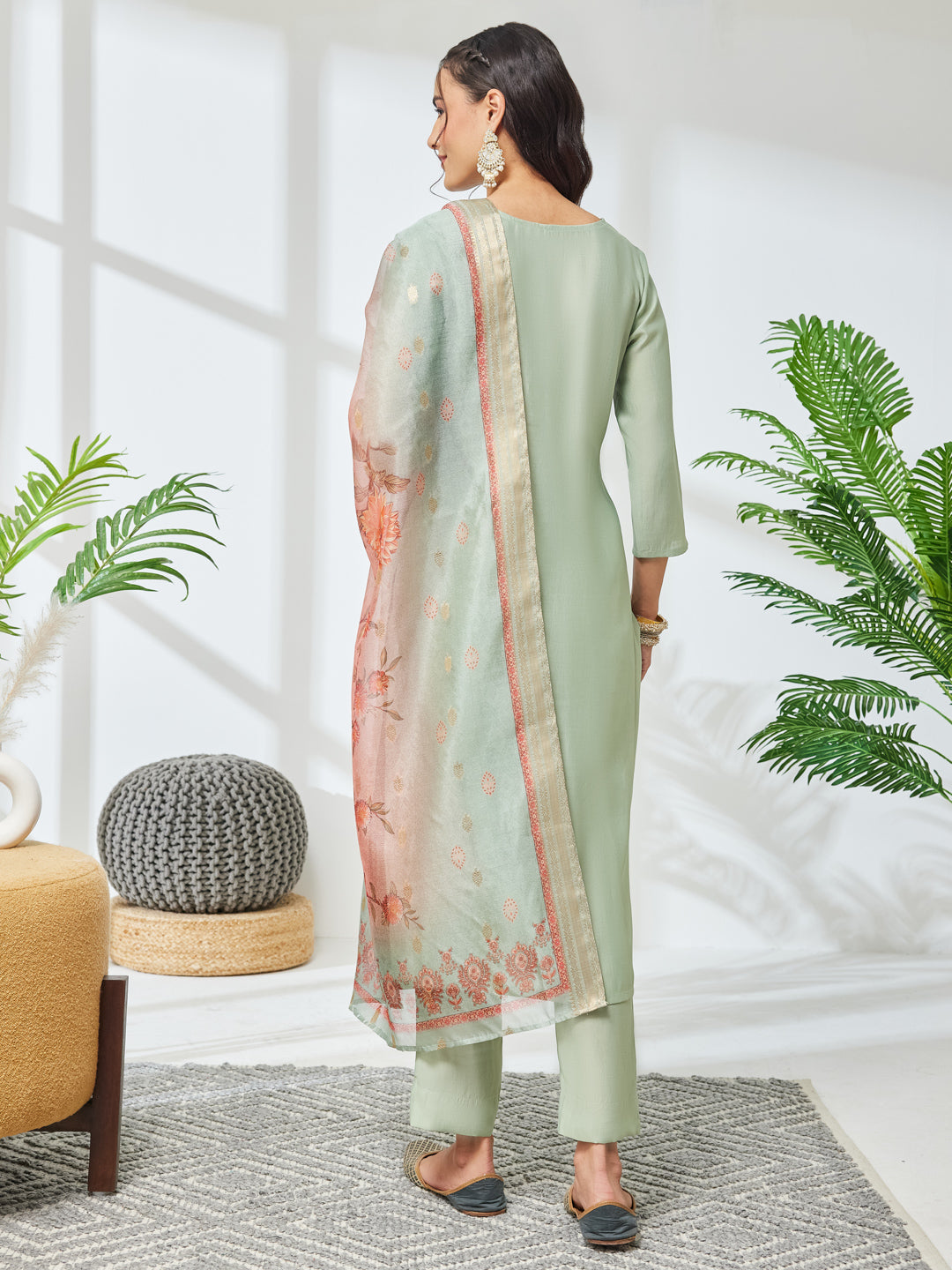 Janasya Mint Straight Silk Blend Kurta,Bottom & Dupatta - Dista