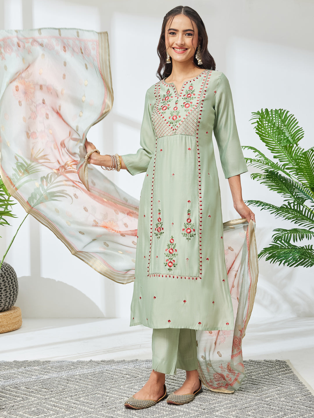 Janasya Mint Straight Silk Blend Kurta,Bottom & Dupatta - Dista