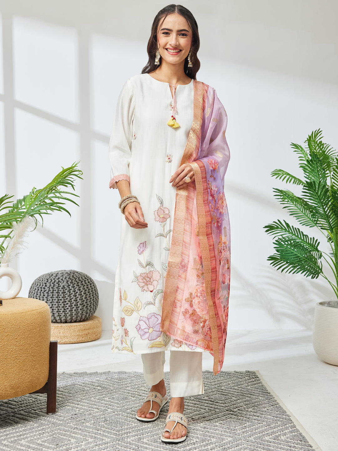 Janasya Off White Straight Chanderi Kurta,Bottom & Dupatta - Dista