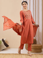 Thumbnail for Janasya Rust Straight Cotton Kurta,Bottom & Dupatta - Dista