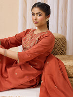 Thumbnail for Janasya Rust Straight Cotton Kurta,Bottom & Dupatta - Dista