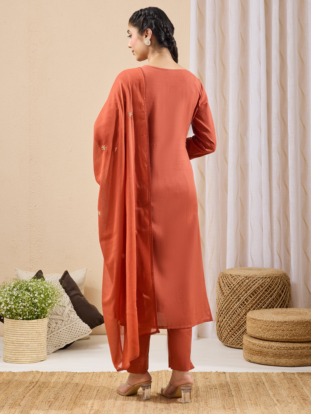 Janasya Rust Straight Cotton Kurta,Bottom & Dupatta - Dista