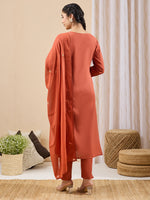 Thumbnail for Janasya Rust Straight Cotton Kurta,Bottom & Dupatta - Dista