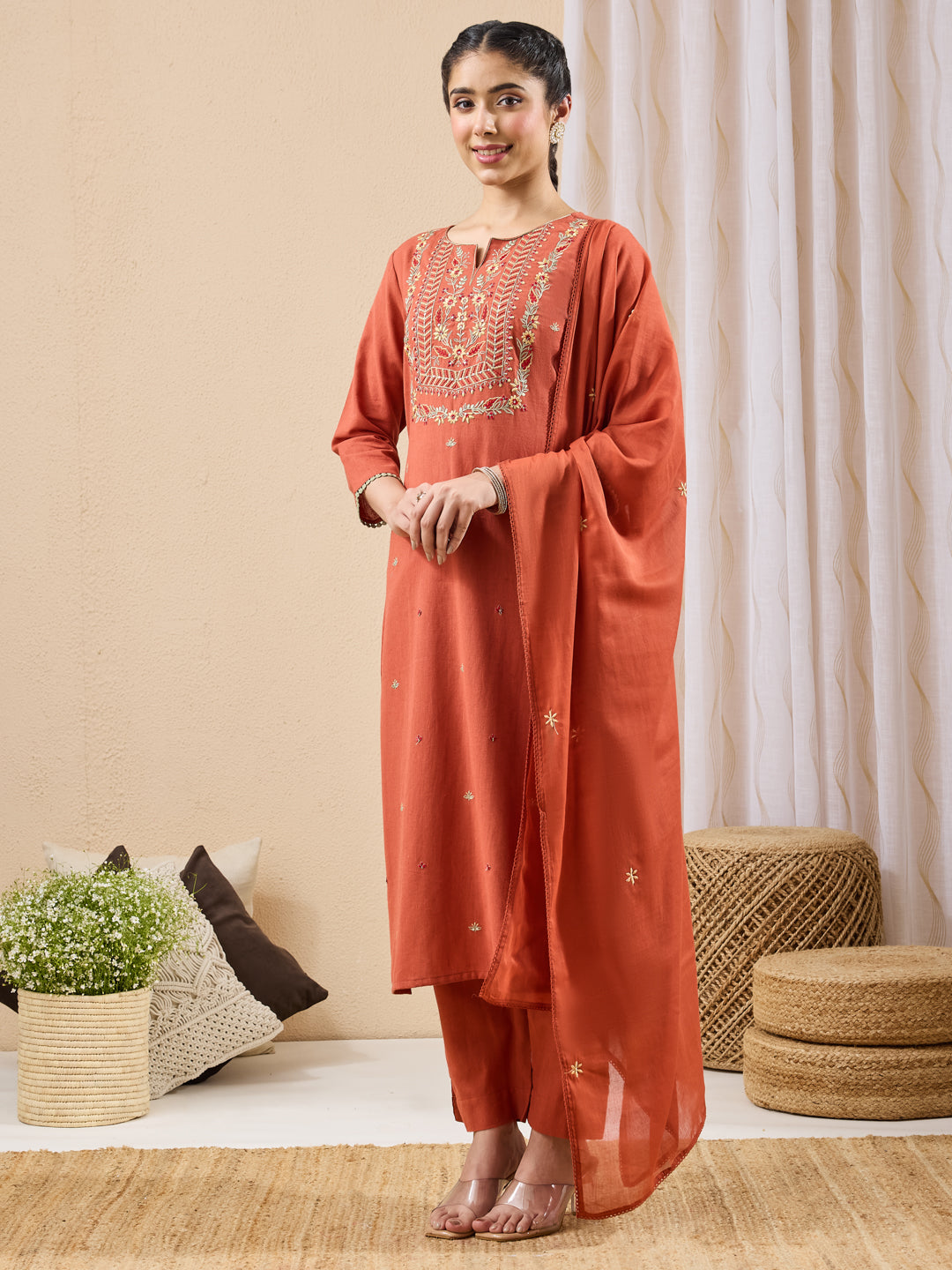 Janasya Rust Straight Cotton Kurta,Bottom & Dupatta - Dista