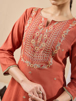 Thumbnail for Janasya Rust Straight Cotton Kurta,Bottom & Dupatta - Dista