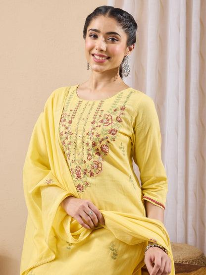 Janasya Yellow Straight Cotton Kurta,Bottom & Dupatta - Dista