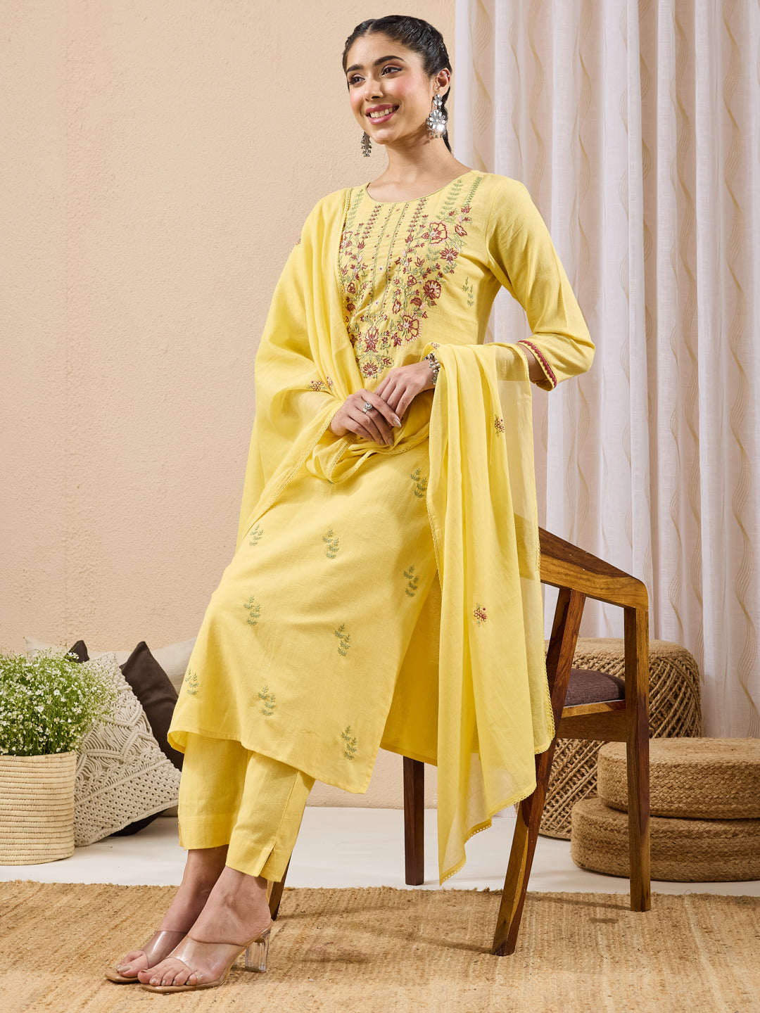 Janasya Yellow Straight Cotton Kurta,Bottom & Dupatta - Dista