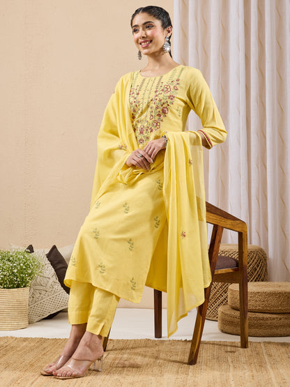 Janasya Yellow Straight Cotton Kurta,Bottom & Dupatta - Dista