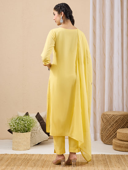 Janasya Yellow Straight Cotton Kurta,Bottom & Dupatta - Dista