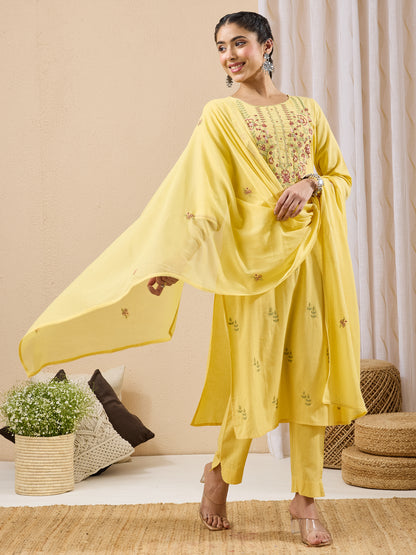 Janasya Yellow Straight Cotton Kurta,Bottom & Dupatta - Dista