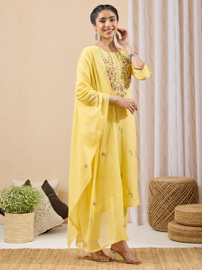 Janasya Yellow Straight Cotton Kurta,Bottom & Dupatta - Dista