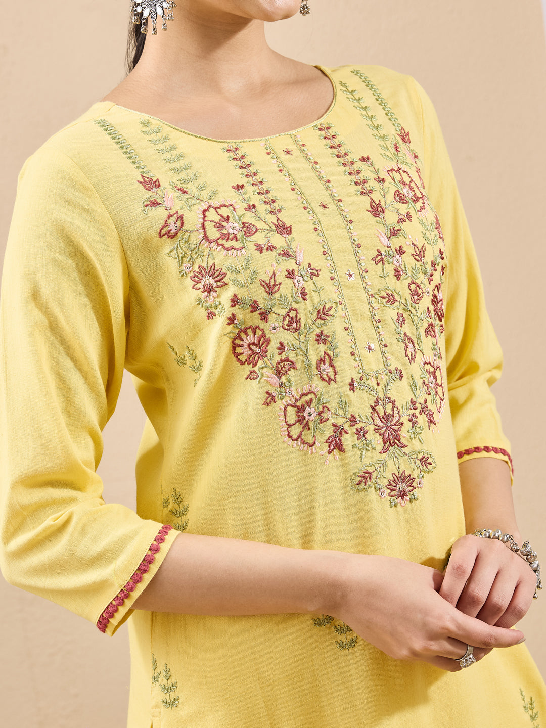 Janasya Yellow Straight Cotton Kurta,Bottom & Dupatta - Dista