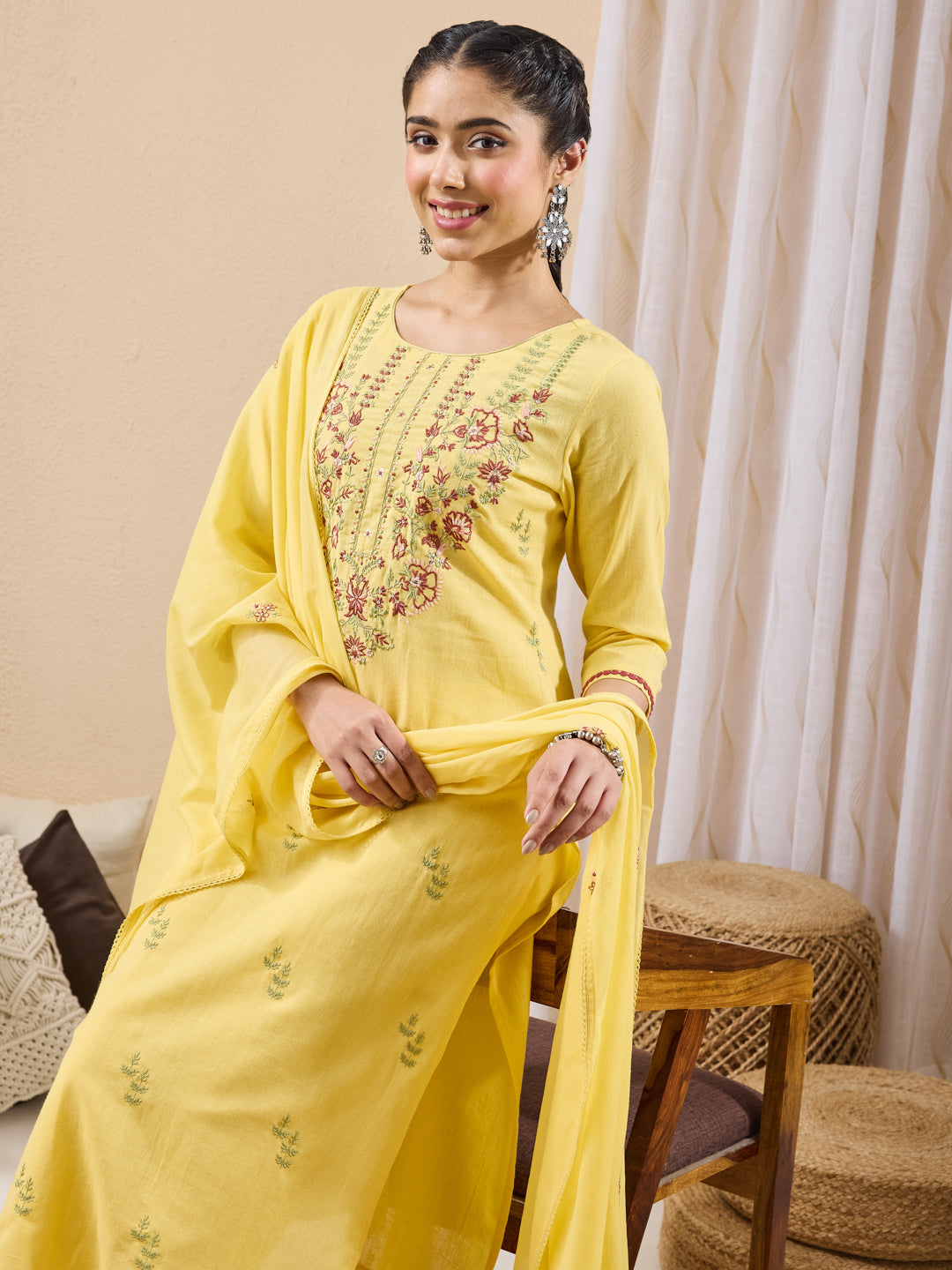Janasya Yellow Straight Cotton Kurta,Bottom & Dupatta - Dista