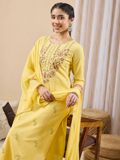 Janasya Yellow Straight Cotton Kurta,Bottom & Dupatta - Dista