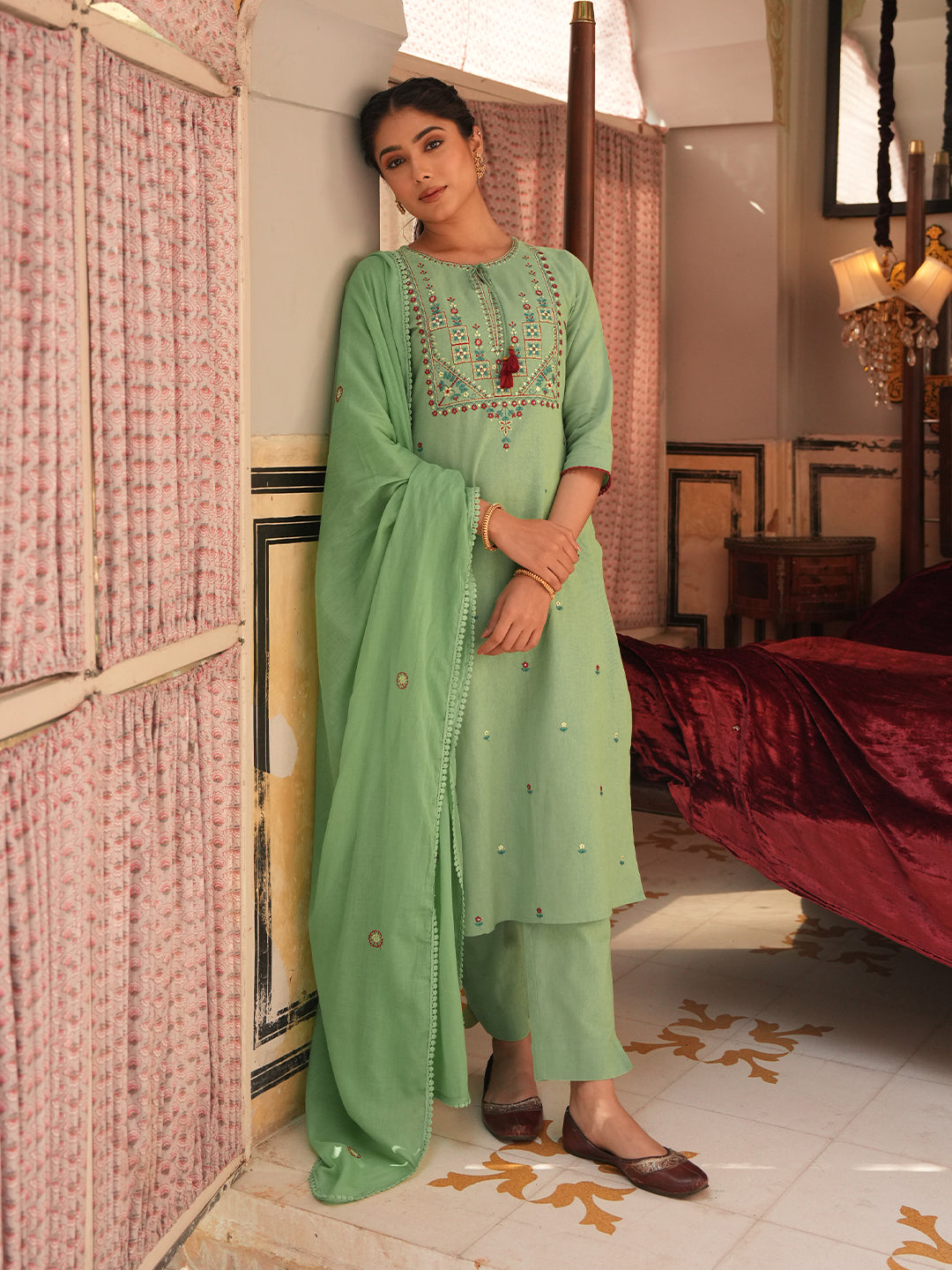 Janasya Mint Straight Cotton Kurta,Bottom & Dupatta - Dista