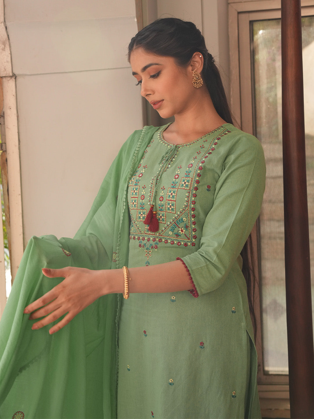 Janasya Mint Straight Cotton Kurta,Bottom & Dupatta - Dista