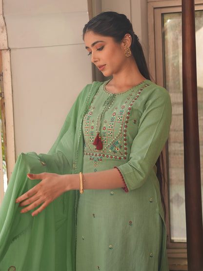 Janasya Mint Straight Cotton Kurta,Bottom & Dupatta - Dista