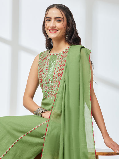 Janasya Mint Straight Cotton Kurta,Bottom & Dupatta - Dista