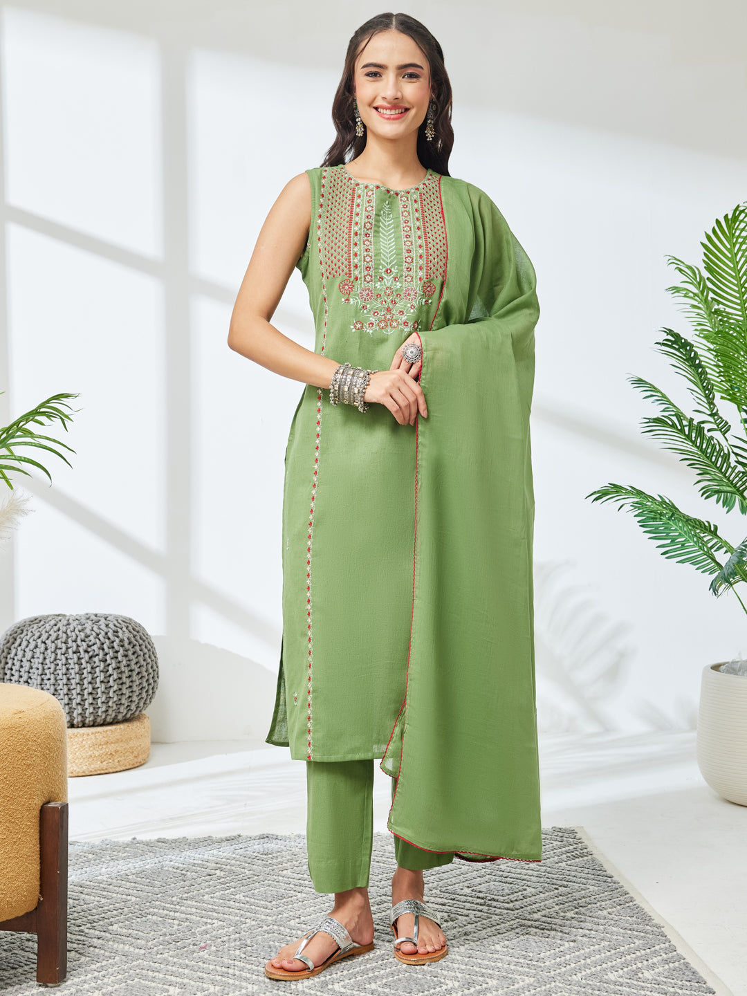 Janasya Mint Straight Cotton Kurta,Bottom & Dupatta - Dista