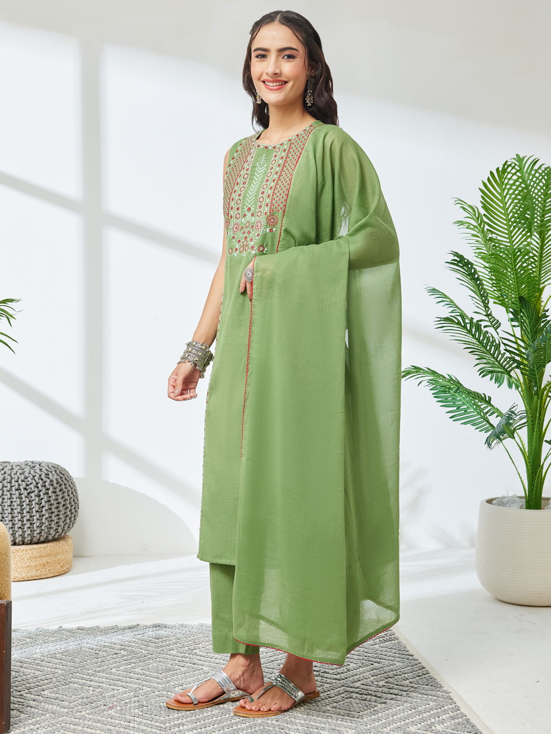 Janasya Mint Straight Cotton Kurta,Bottom & Dupatta - Dista