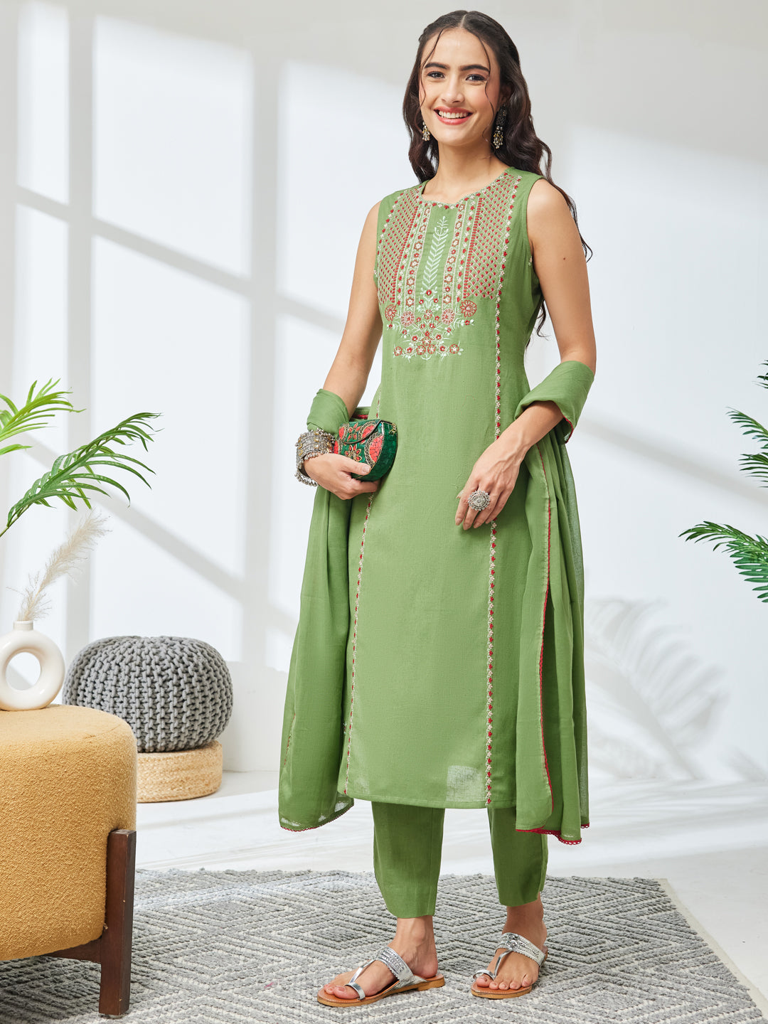 Janasya Mint Straight Cotton Kurta,Bottom & Dupatta - Dista