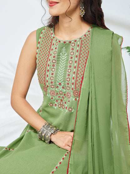 Janasya Mint Straight Cotton Kurta,Bottom & Dupatta - Dista