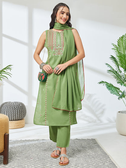 Janasya Mint Straight Cotton Kurta,Bottom & Dupatta - Dista