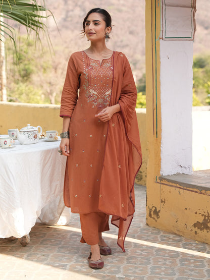 Janasya Rust Straight Cotton Kurta,Bottom & Dupatta - Dista