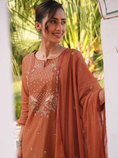 Janasya Rust Straight Cotton Kurta,Bottom & Dupatta - Dista