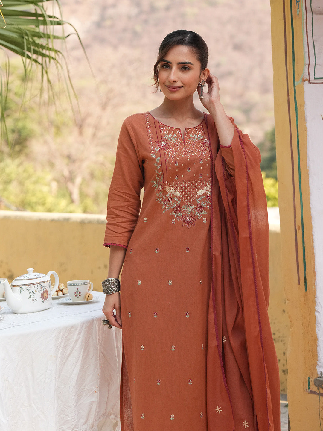 Janasya Rust Straight Cotton Kurta,Bottom & Dupatta - Dista