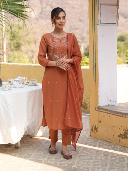 Janasya Rust Straight Cotton Kurta,Bottom & Dupatta - Dista