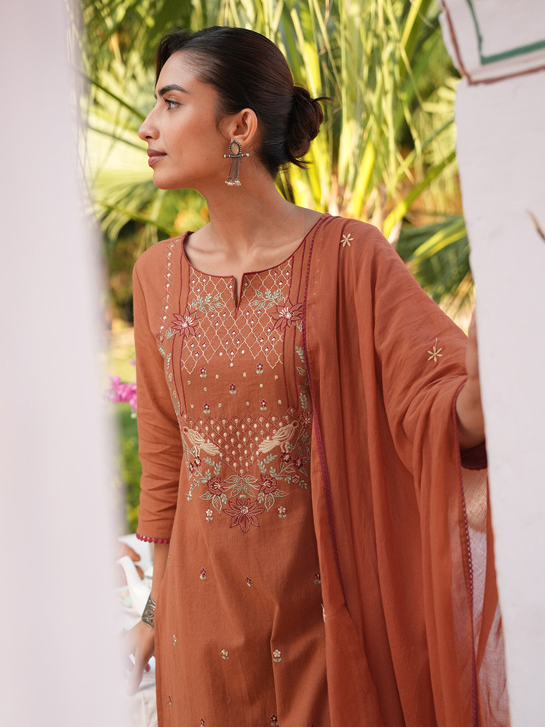 Janasya Rust Straight Cotton Kurta,Bottom & Dupatta - Dista