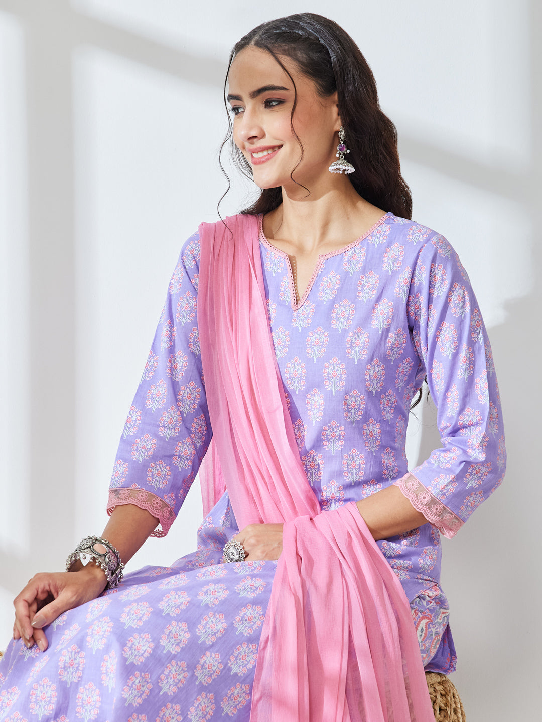 Janasya Lavender Straight Cotton Kurta,Bottom & Dupatta - Dista