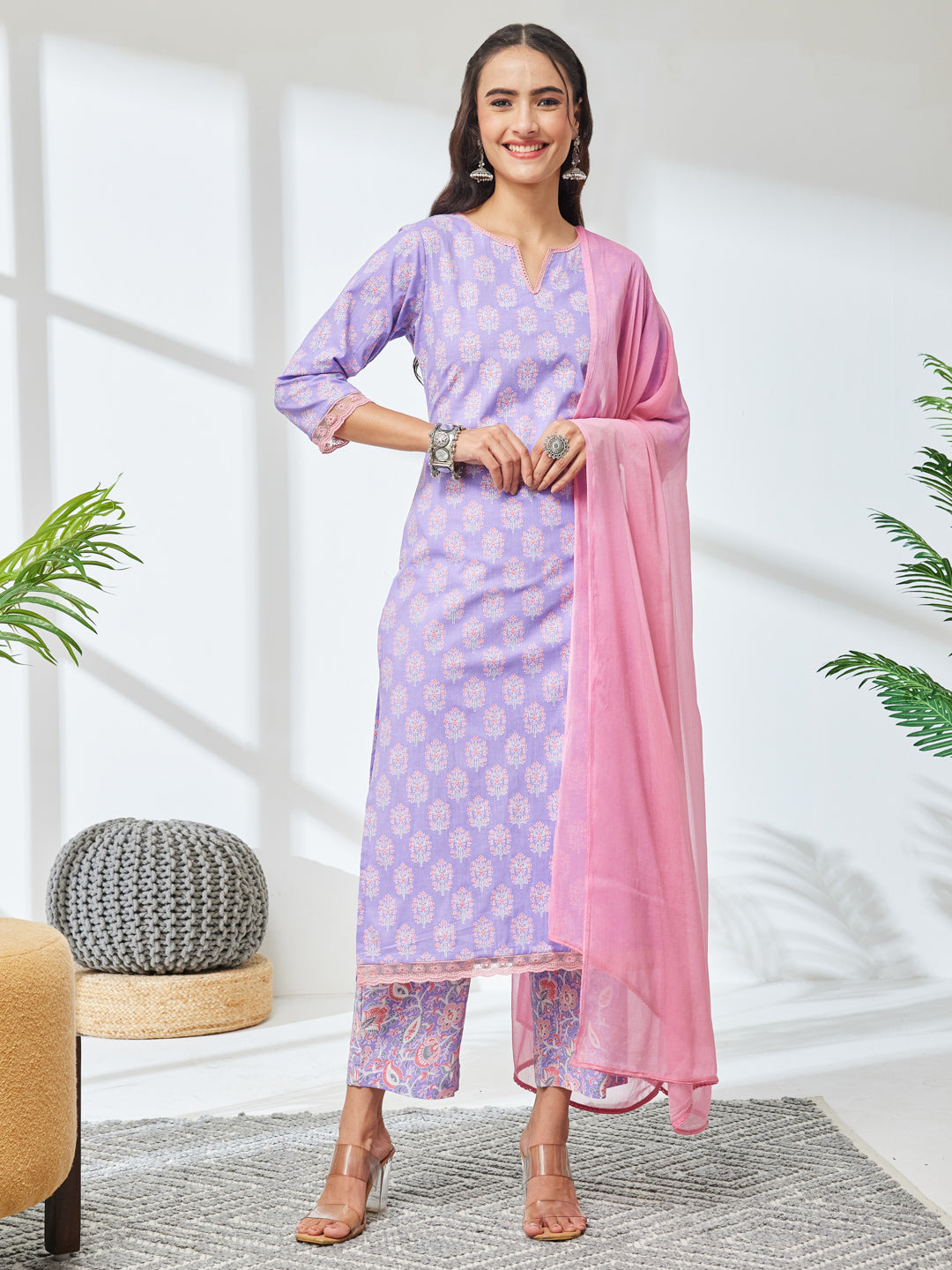 Janasya Lavender Straight Cotton Kurta,Bottom & Dupatta - Dista